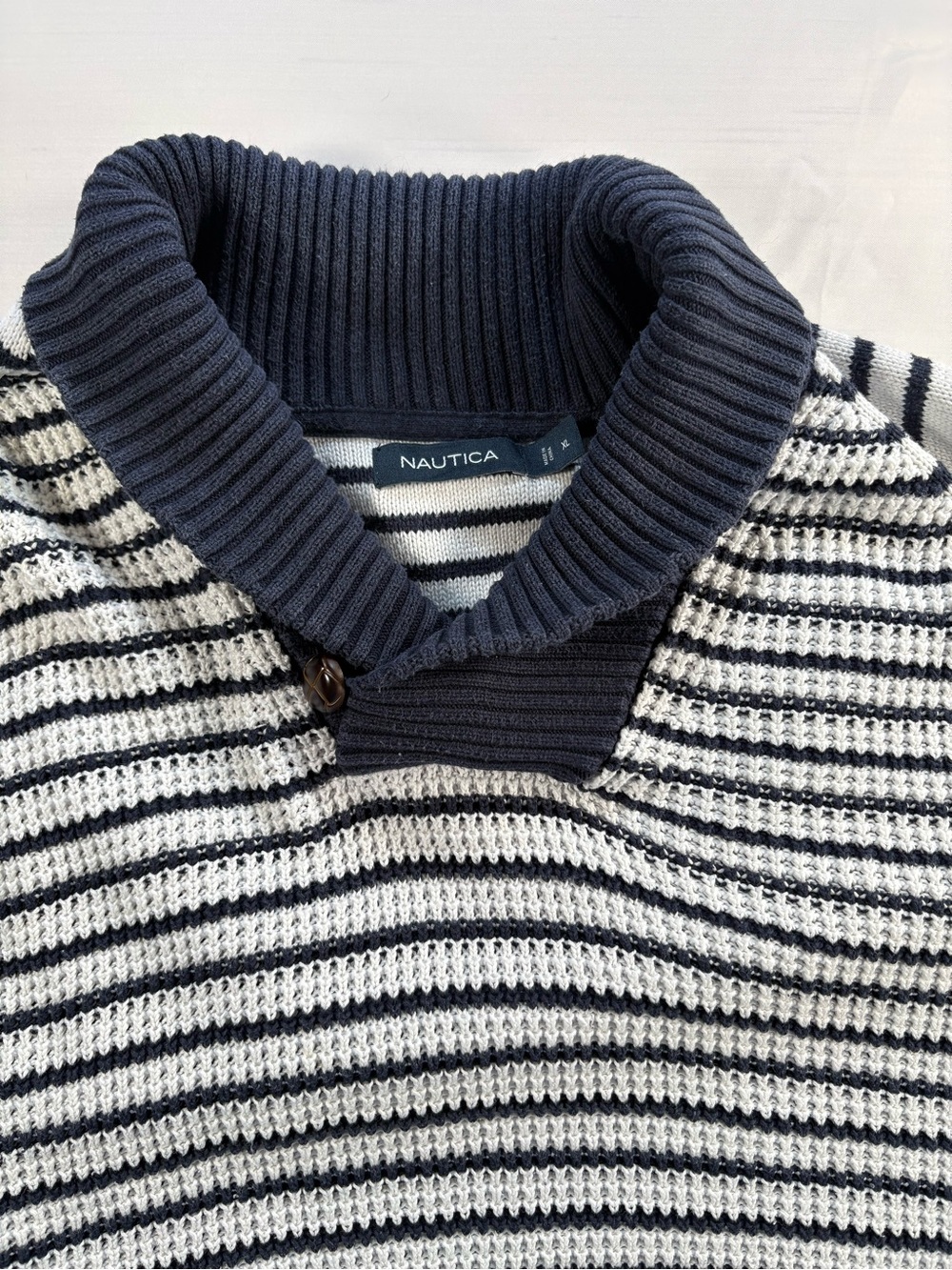 Nautica Mens XL Striped Shawl Collar Pullover Sweater Navy Blue White Knit